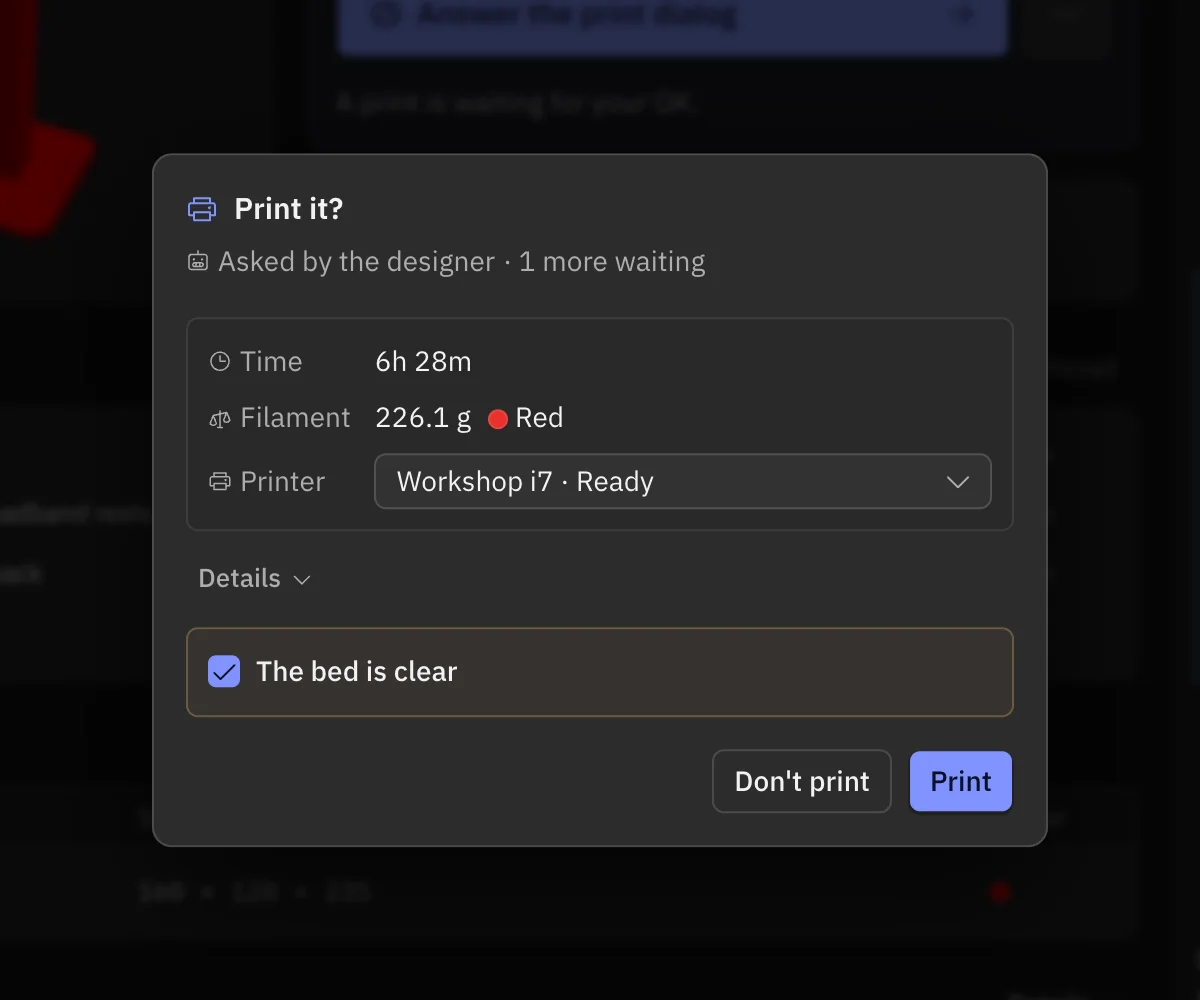 The print dialog in Crease with the print time, the filament and a box to tick: the bed is clear