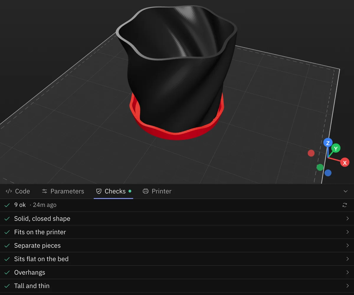 The twisted pot in its red saucer as a 3D model, with nine checks passed: solid, fits on the printer, sits flat, overhangs, thin walls and more