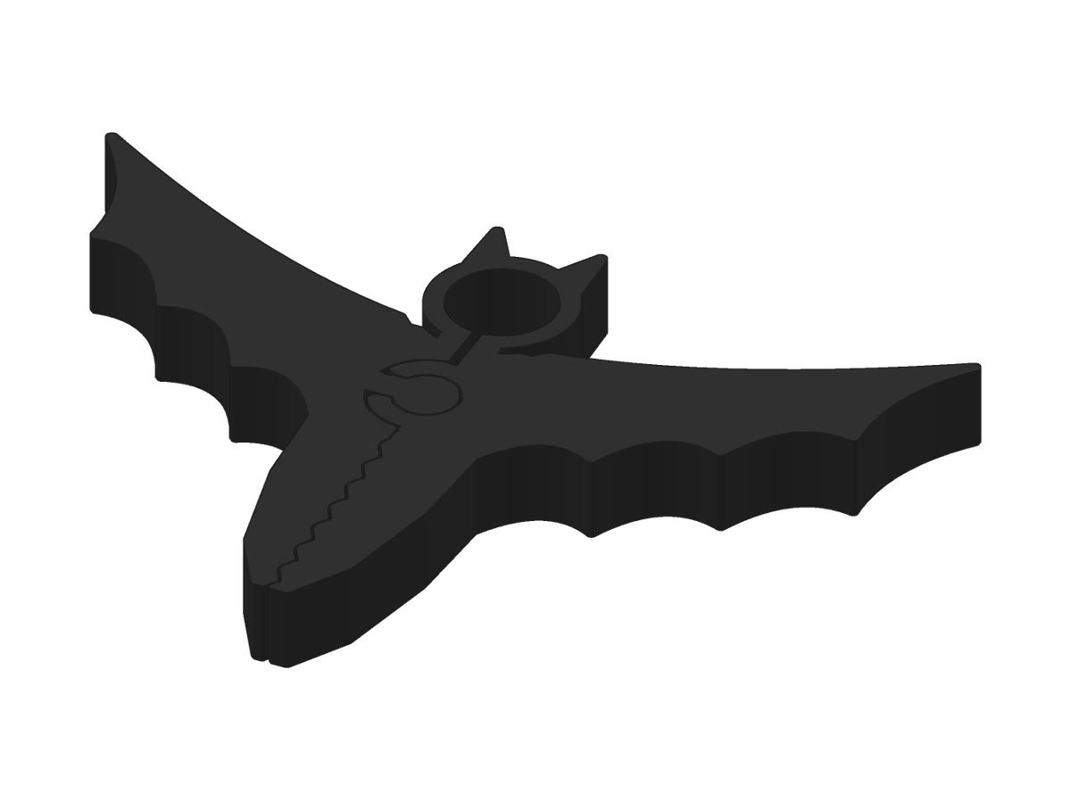 A black bat-shaped clip with purple wings
