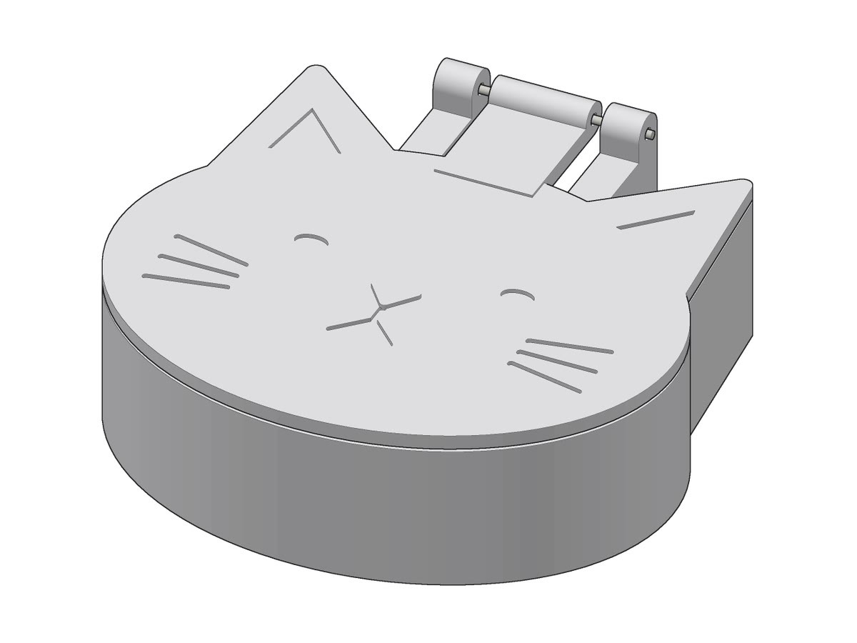 A white cat-face box whose lid is the head, with ears, whiskers and closed smiling eyes