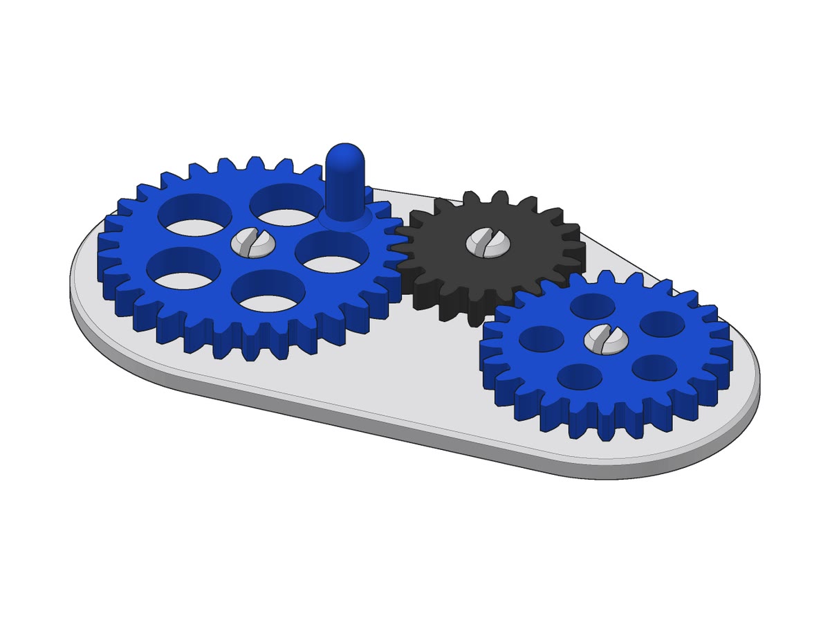 Blue and black gears on a white stand with a crank