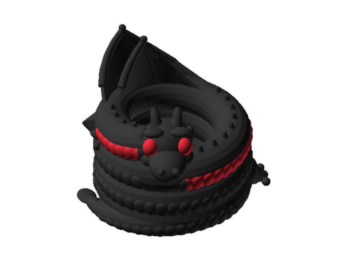 A black dragon curled around a pen hole, with red eyes, a red scaled belly, wings and horns