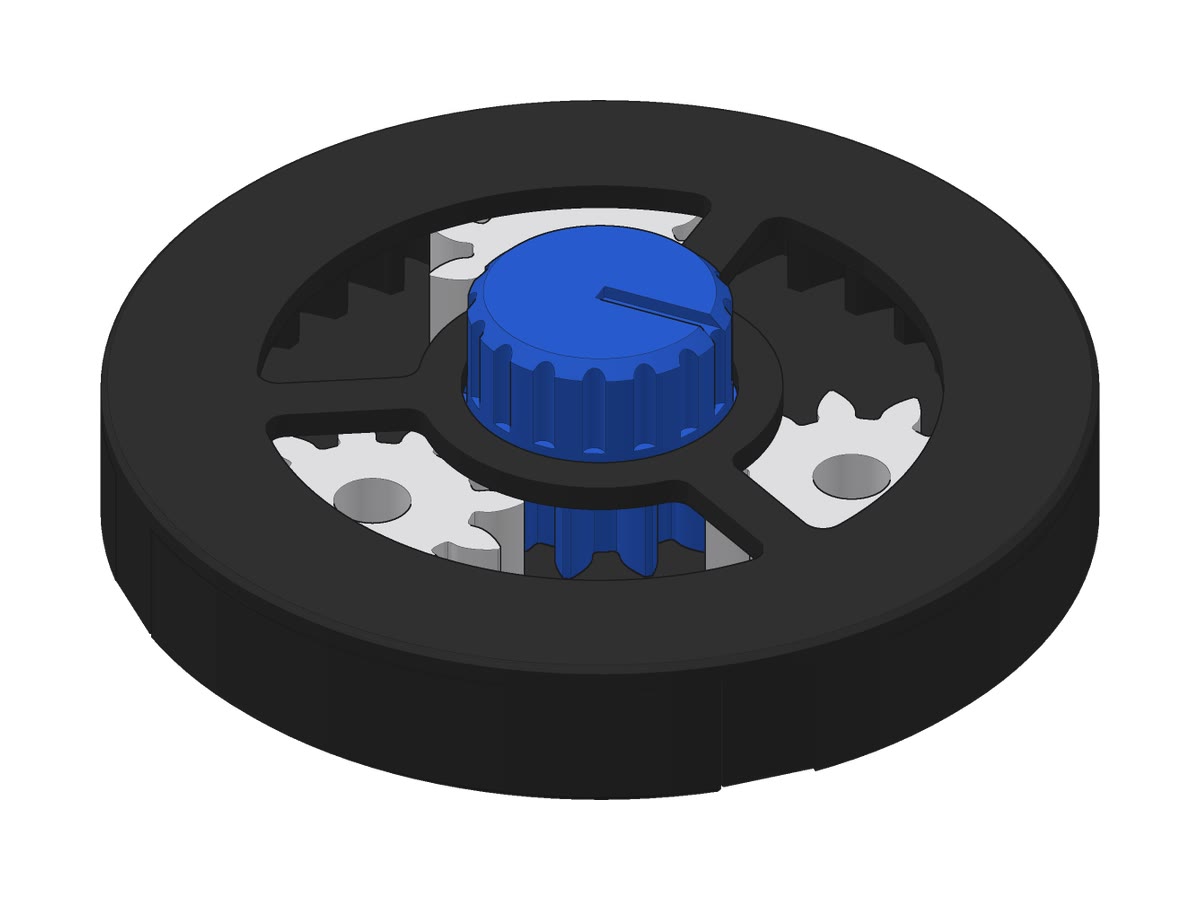 A black ring gear with white planet gears and a blue knob in the middle