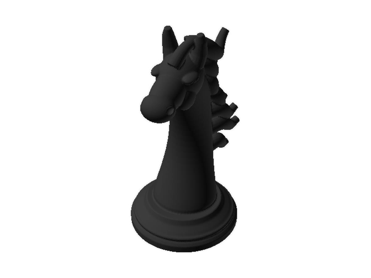 A black chess knight with a braided mane on a turned base