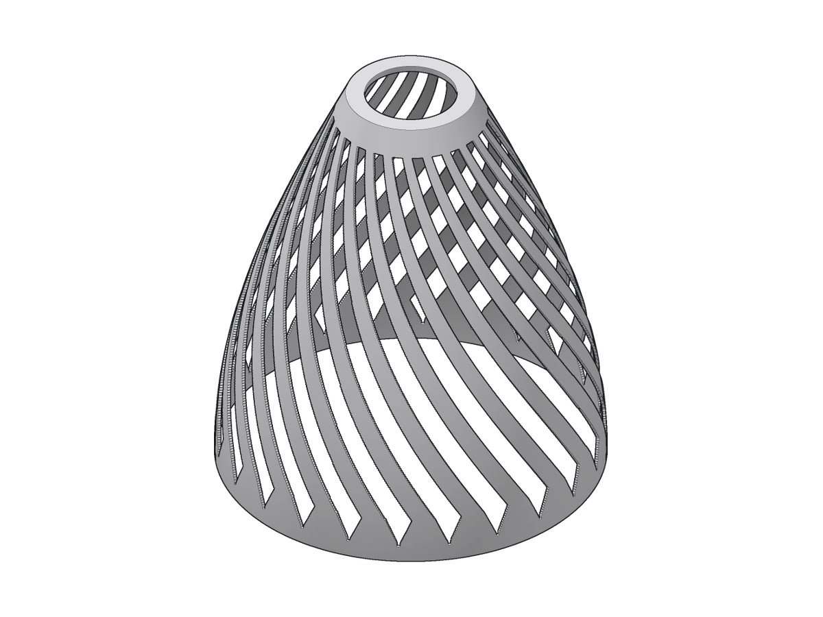 A white bell-shaped lampshade made of twisting spiral slats