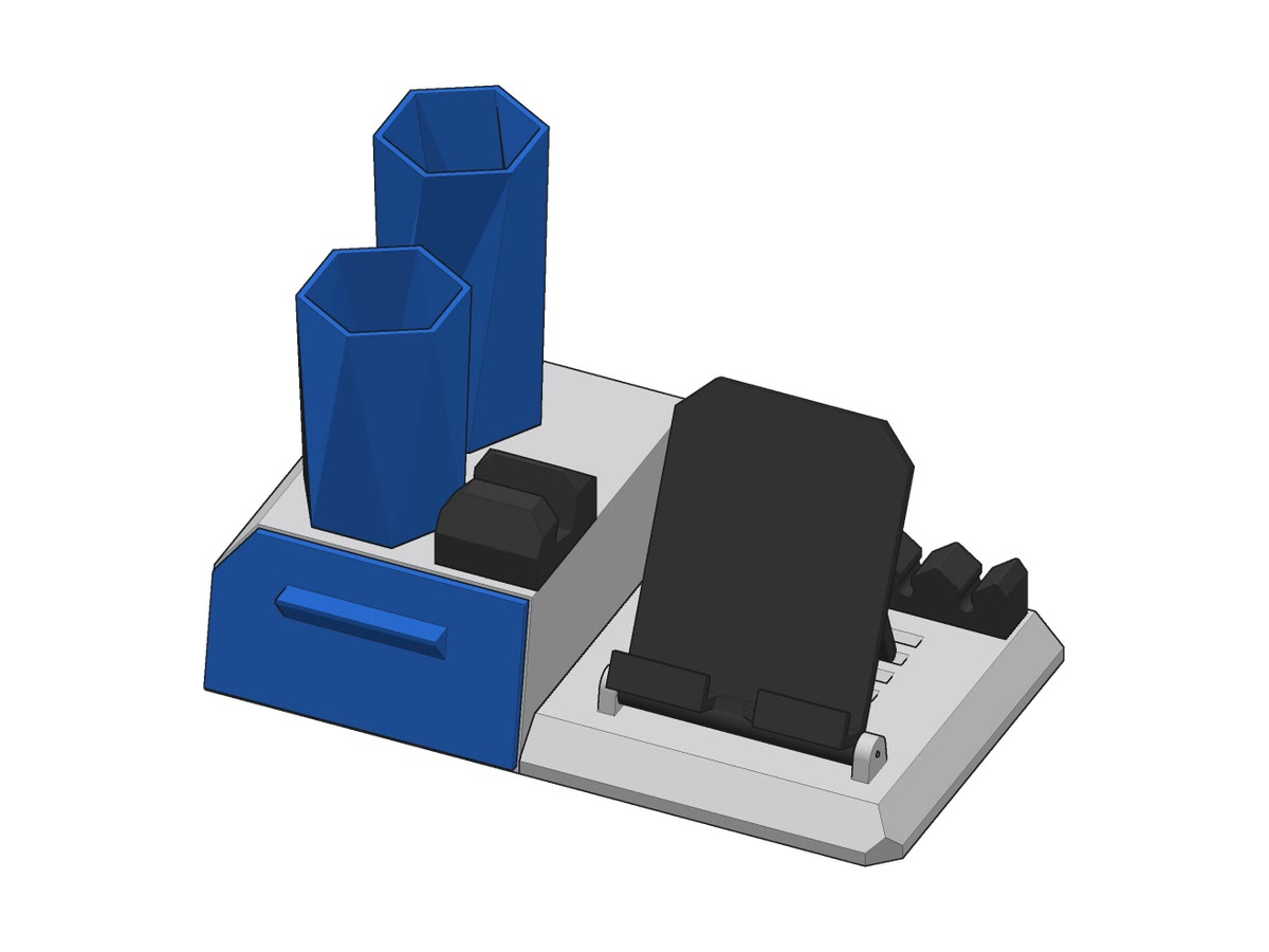 A desk organiser with blue pen cups, a white drawer case and a black phone stand