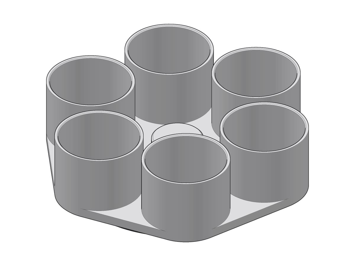 A white tray of six round cups on a black turntable base