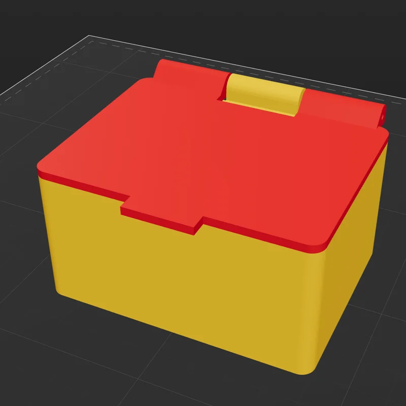 A yellow box with a red hinged lid, as a 3D model in Crease