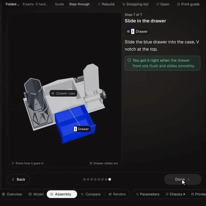 The desk organiser's assembly guide, step by step: press on the pen cups and rail, screw in the knob, slide in the drawer